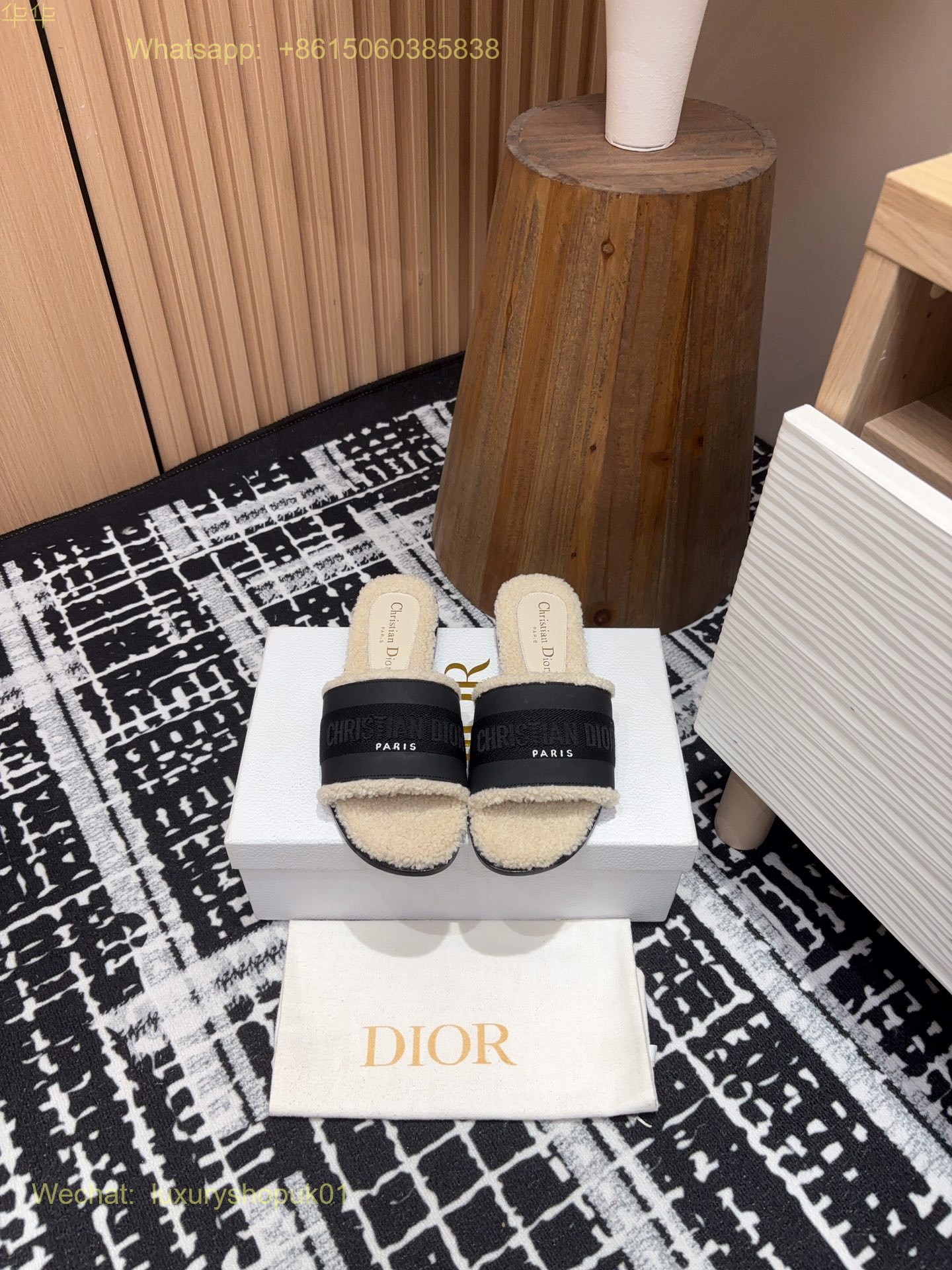 Dior Shearling Fur Logo Canvas Dway Flat Slides Women Shoes