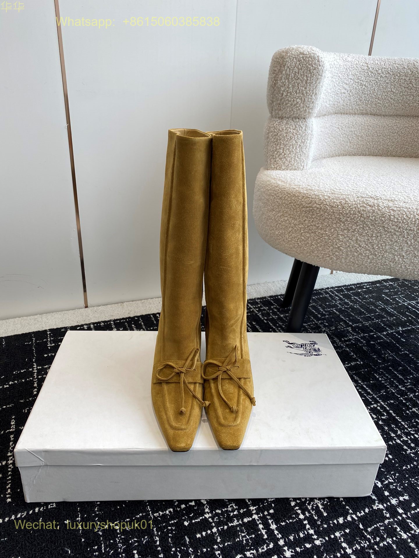Burberry Storm Square-Toe Knee-High Suede Boots Women Shoes
