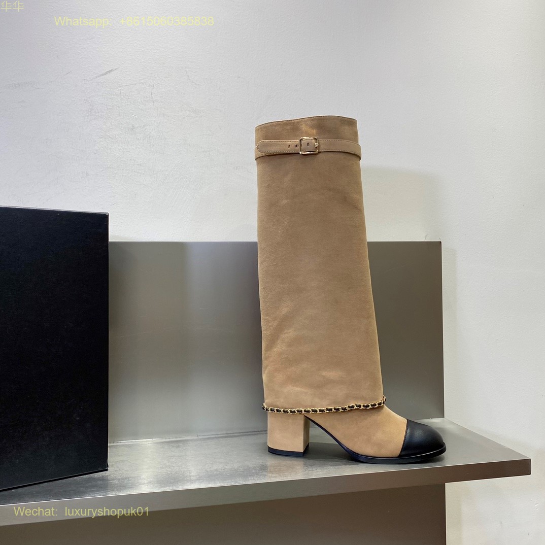 Chanel chain suede leather block heels knee high Boots CC Logo Women Shoes