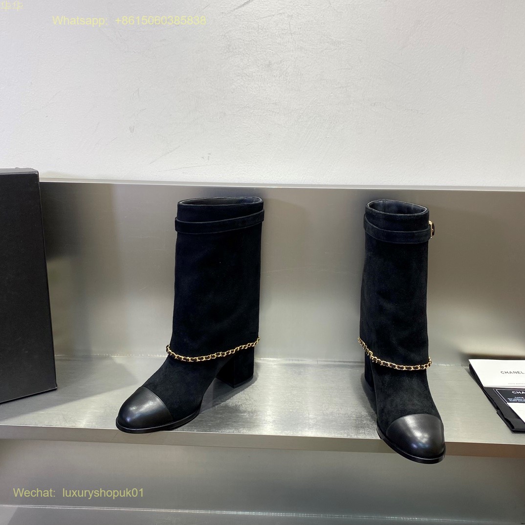 Chanel chain suede leather block heels Boots CC Logo Women Shoes