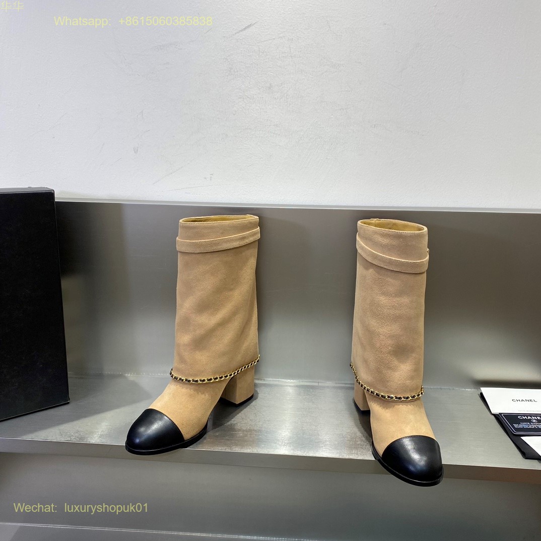 Chanel chain suede leather block heels Boots CC Logo Women Shoes