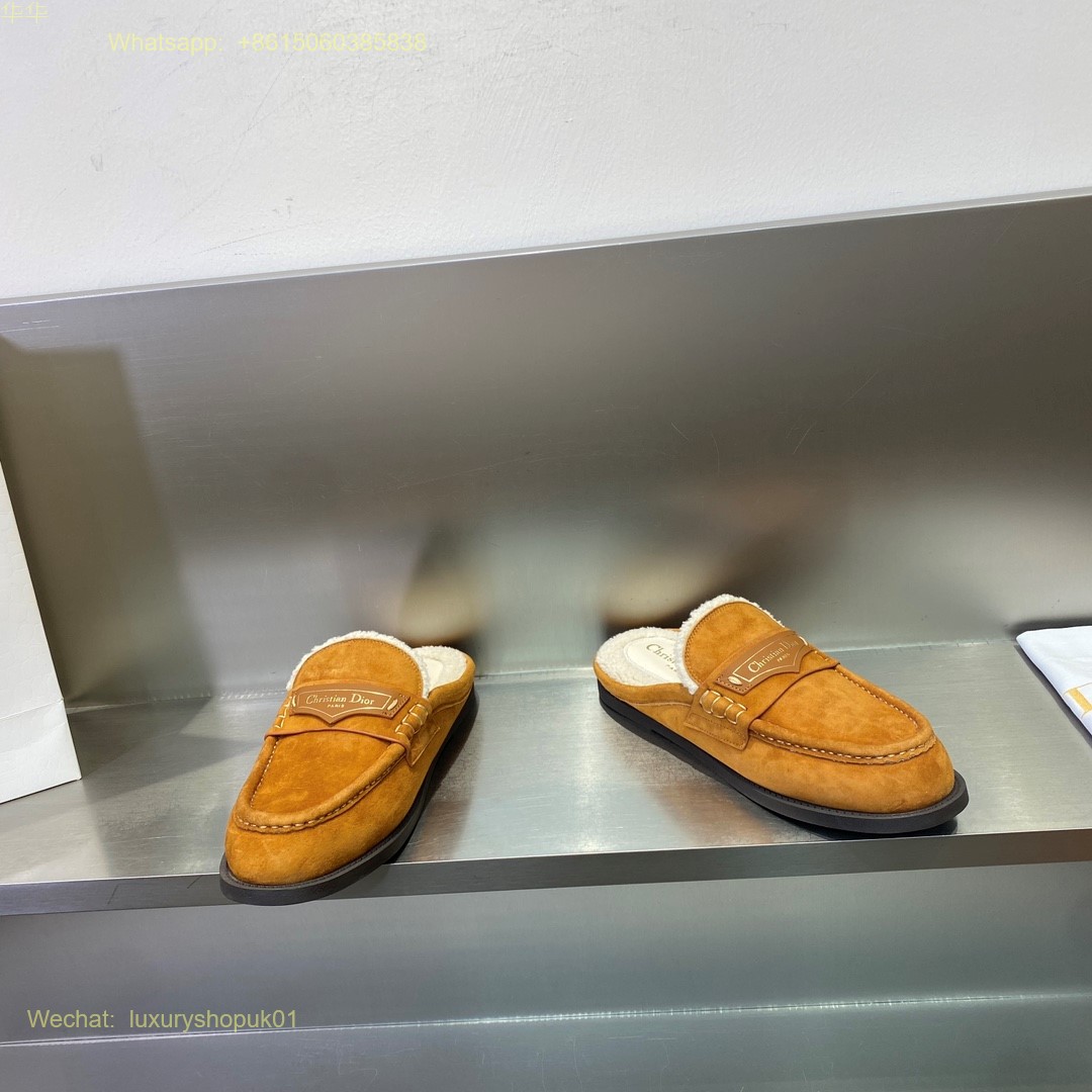 Christian Dior Fur shearling suede Leather slip on mule slipper flat Women Shoes