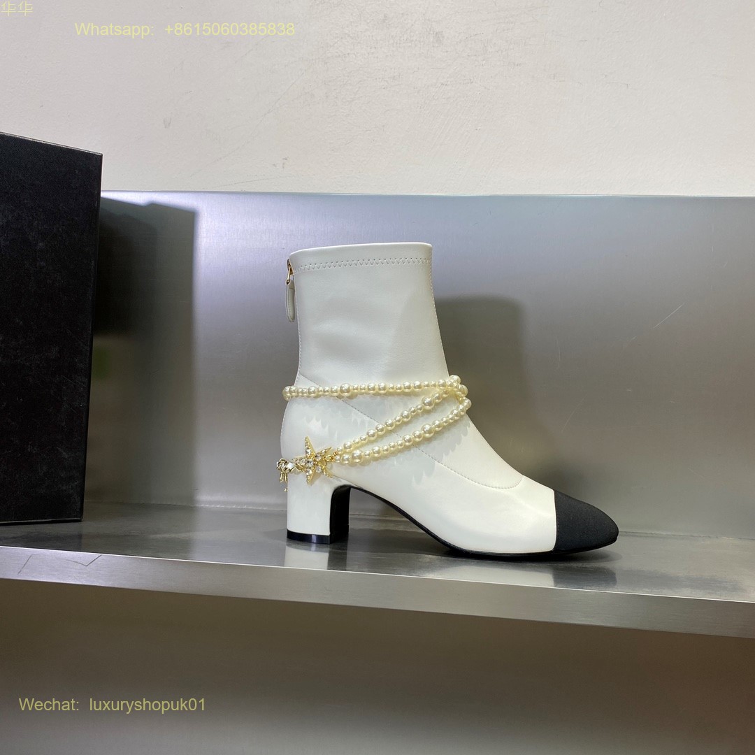 Chanel pearl block heels cap toe ankle boot Women Shoes