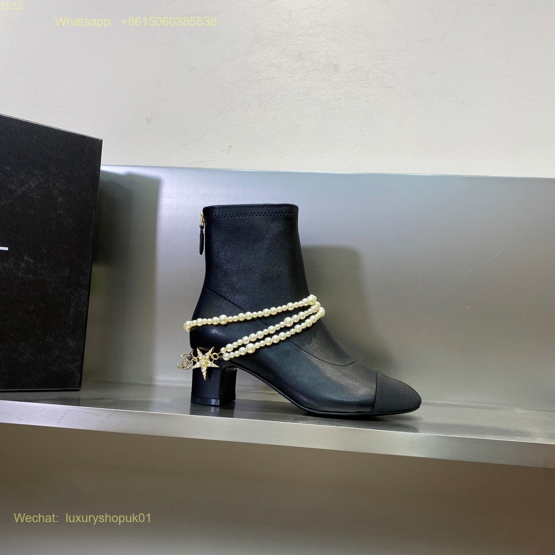 Chanel pearl block heels cap toe ankle boot Women Shoes
