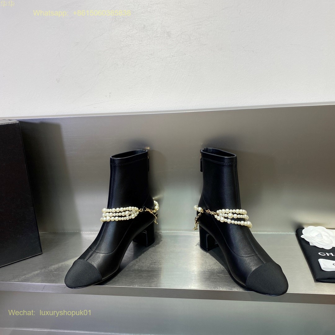 Chanel pearl block heels cap toe ankle boot Women Shoes
