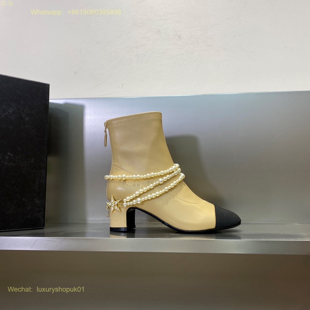 Chanel pearl block heels cap toe ankle boot Women Shoes
