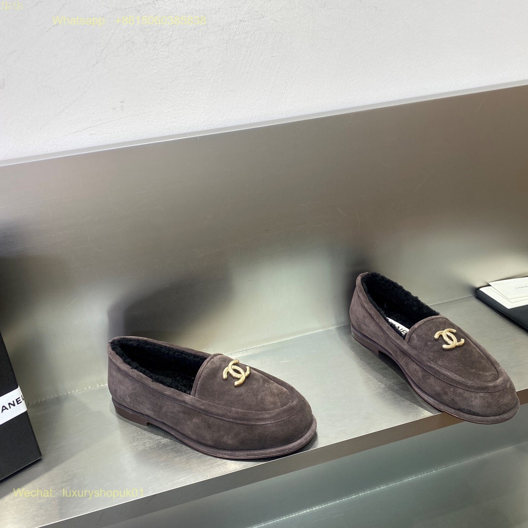 Chanel fur shearling suede leather loafer flat Women Shoes