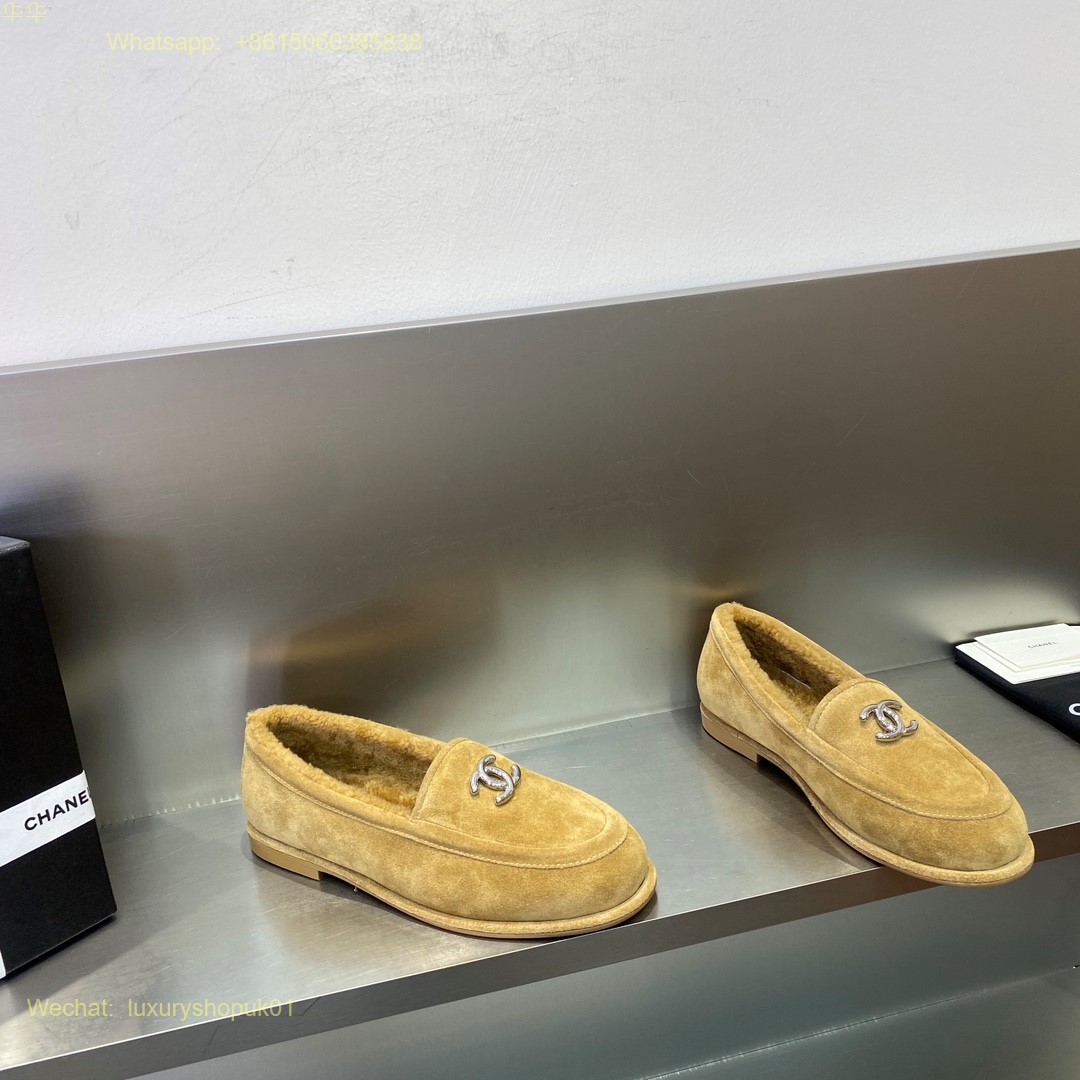 Chanel fur shearling suede leather loafer flat Women Shoes