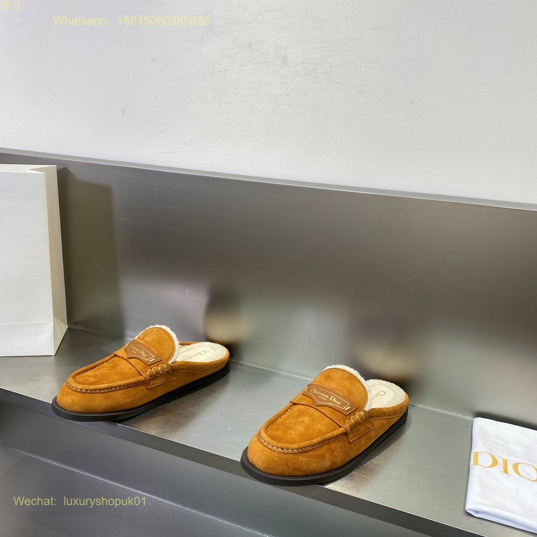 Christian Dior Fur shearling suede Leather slip on mule slipper flat Women Shoes