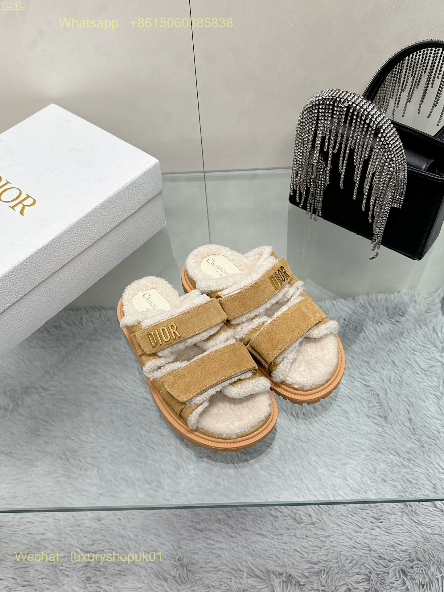 Dior Dioract Open Toe Fur shearling Sandals Women Shoes