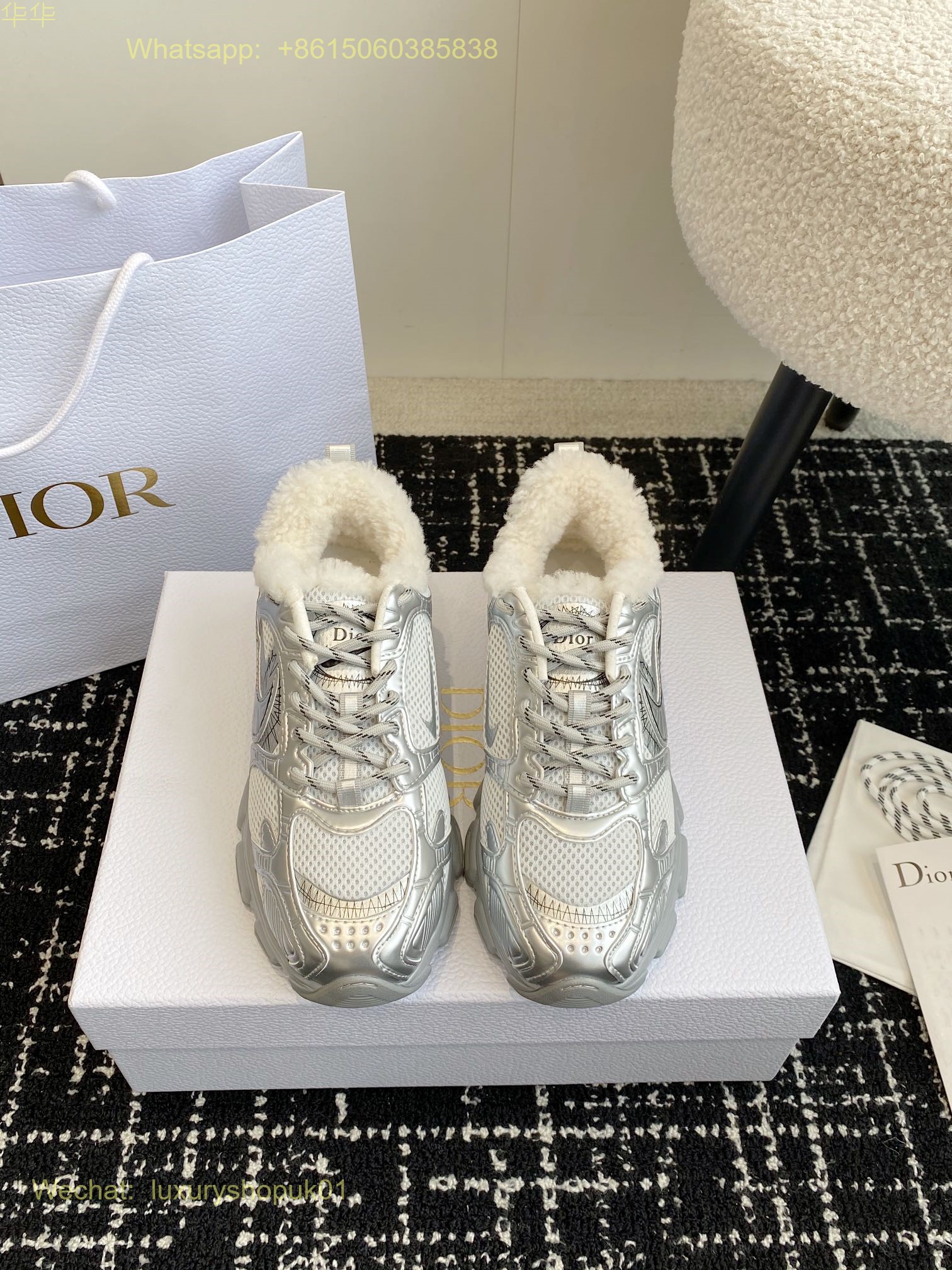 Nike Dior Chrono Fur shearling Sneaker Women Mens Shoes