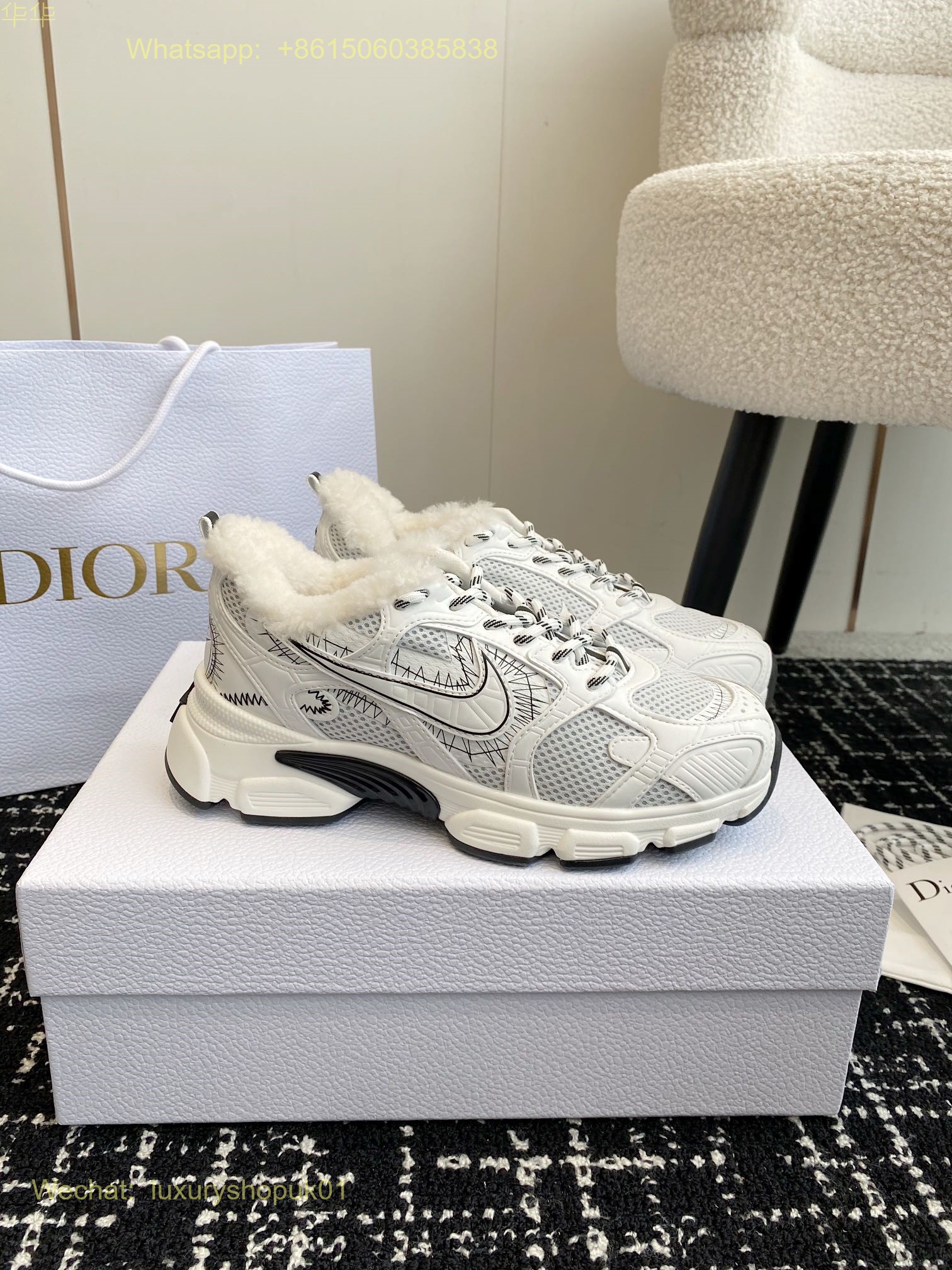 Nike Dior Chrono Fur shearling Sneaker Women Mens Shoes