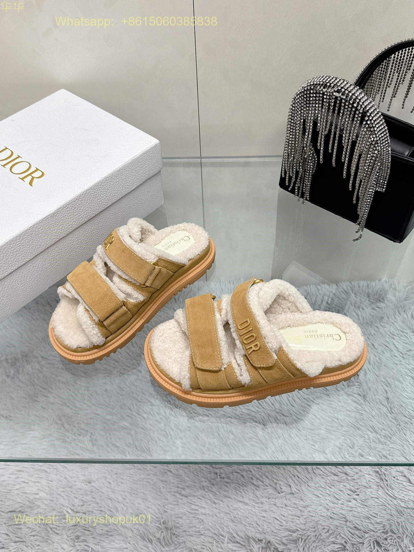Dior Dioract Open Toe Fur shearling Sandals Women Shoes