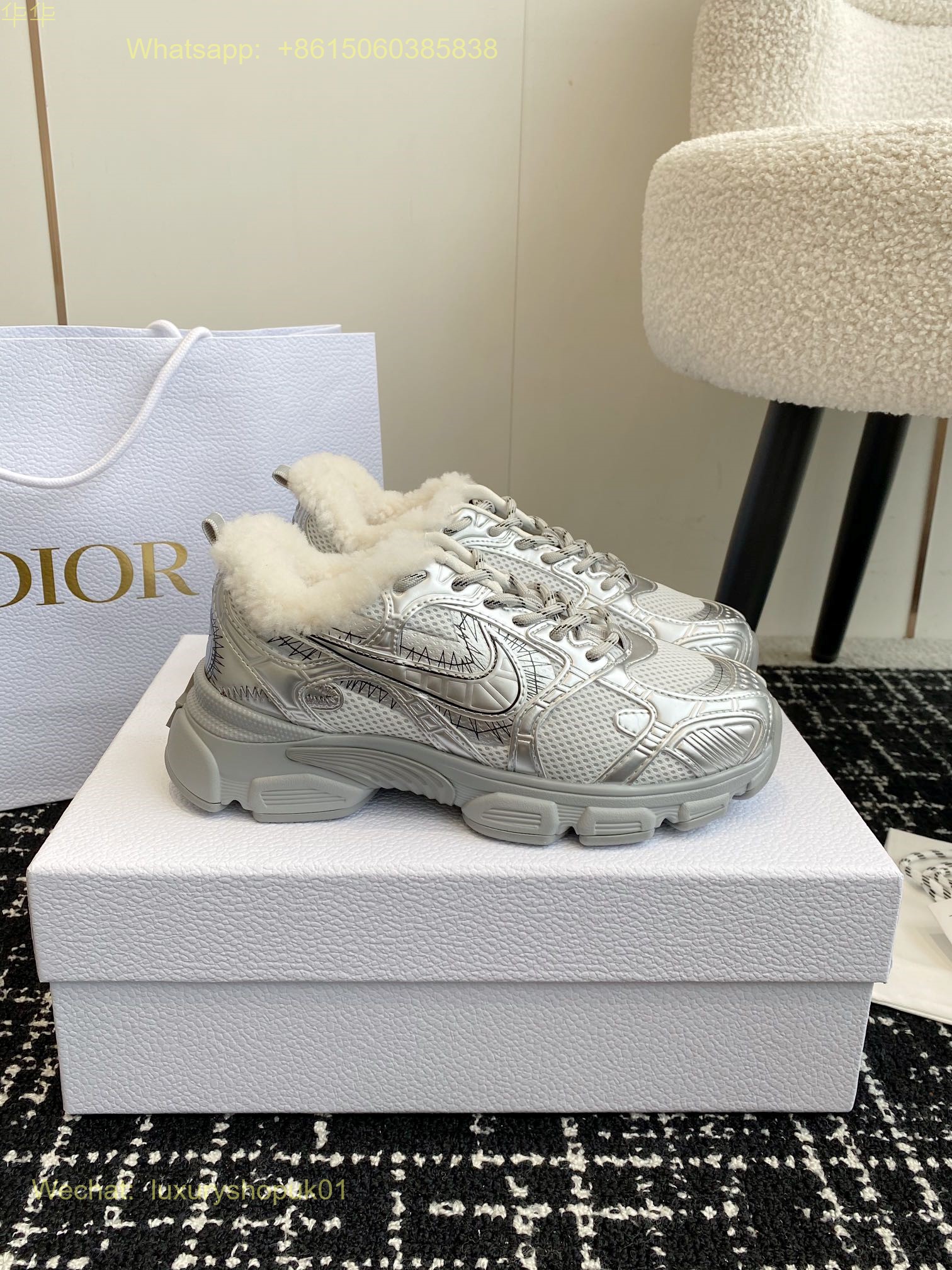 Nike Dior Chrono Fur shearling Sneaker Women Mens Shoes