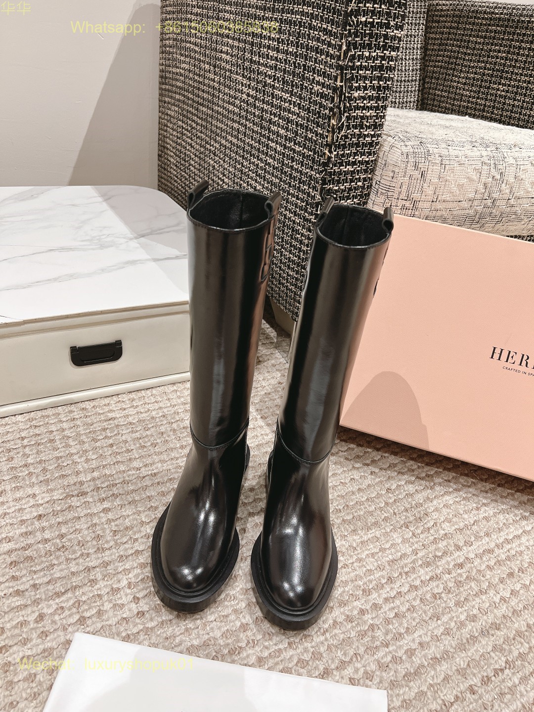 Hereu Anella Interwoven-Detailed Slip-On Waxed Leather Tall Boots Women Shoes