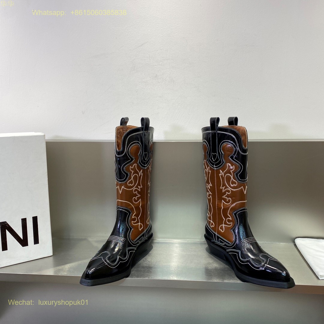 GANNI Leather cowboy boots pointed toe Women Shoes