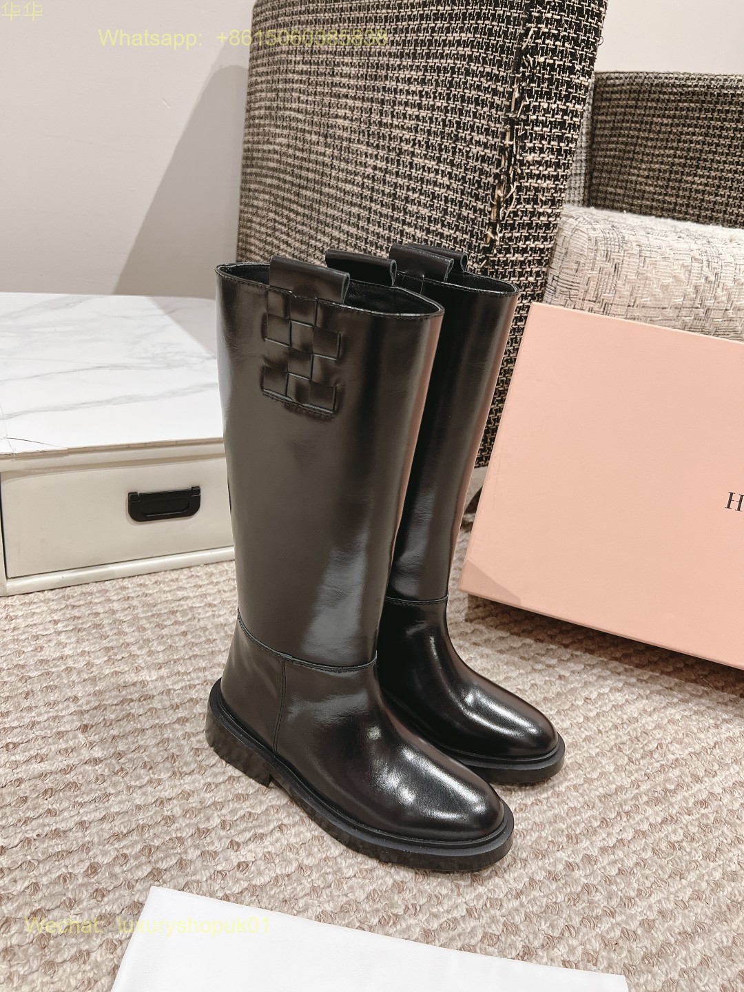 Hereu Anella Interwoven-Detailed Slip-On Waxed Leather Tall Boots Women Shoes