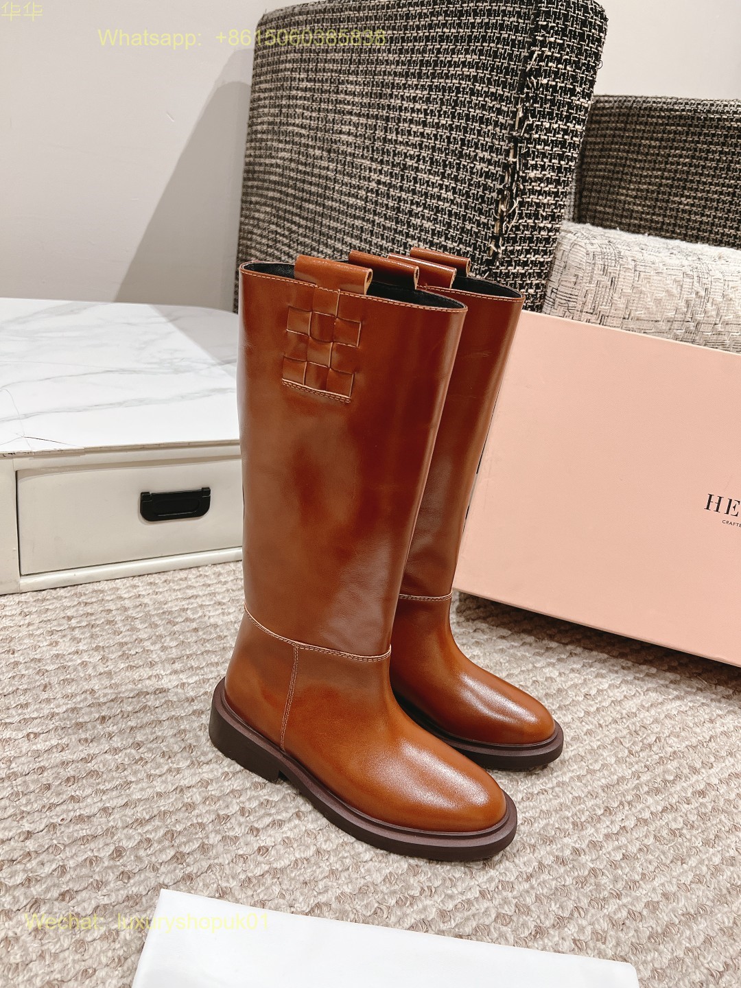 Hereu Anella Interwoven-Detailed Slip-On Waxed Leather Tall Boots Women Shoes