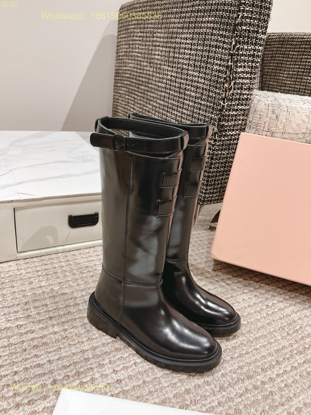 Hereu Anella Interwoven-Detailed Slip-On Waxed Leather Tall Boots Women Shoes