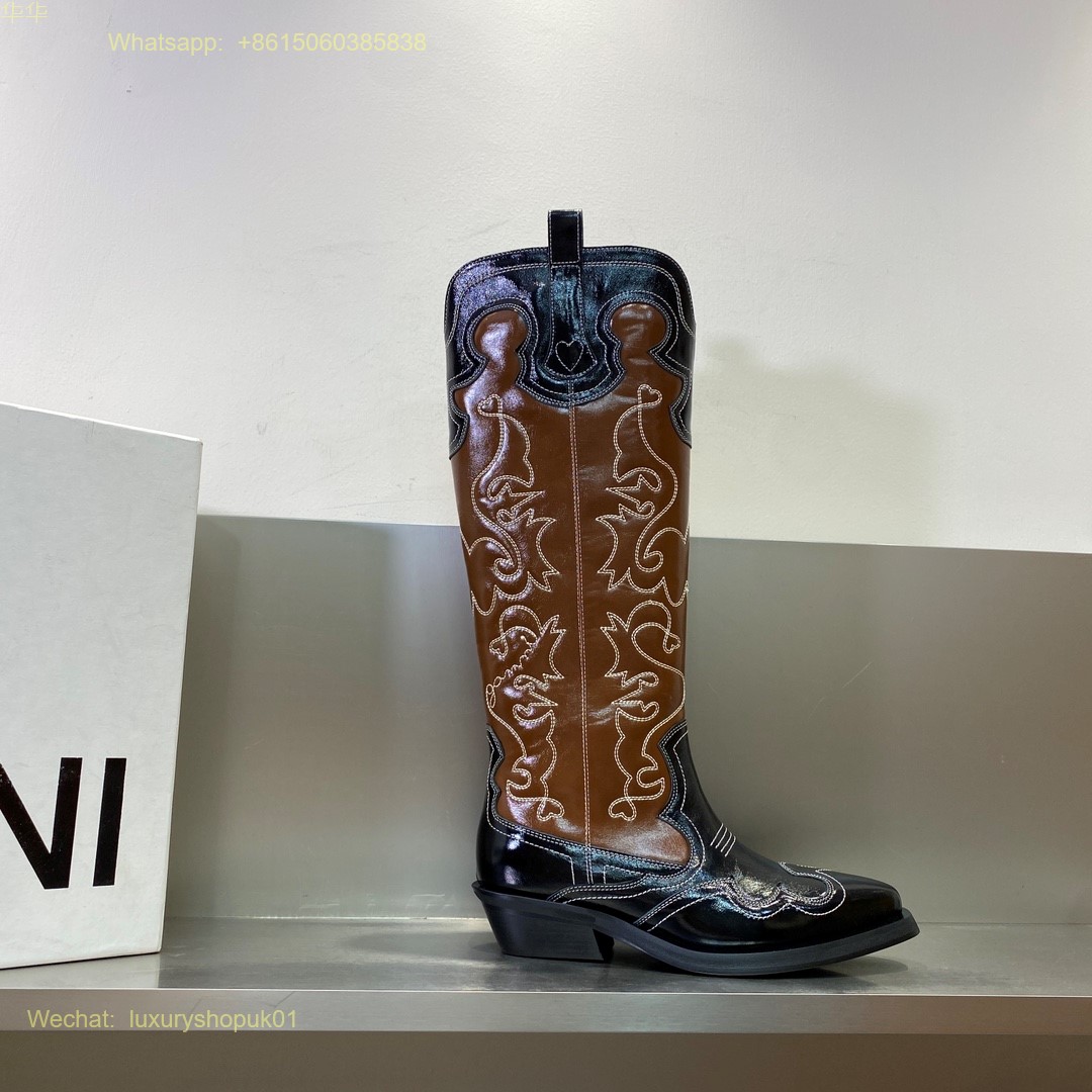 GANNI Leather cowboy boots pointed toe Women Shoes