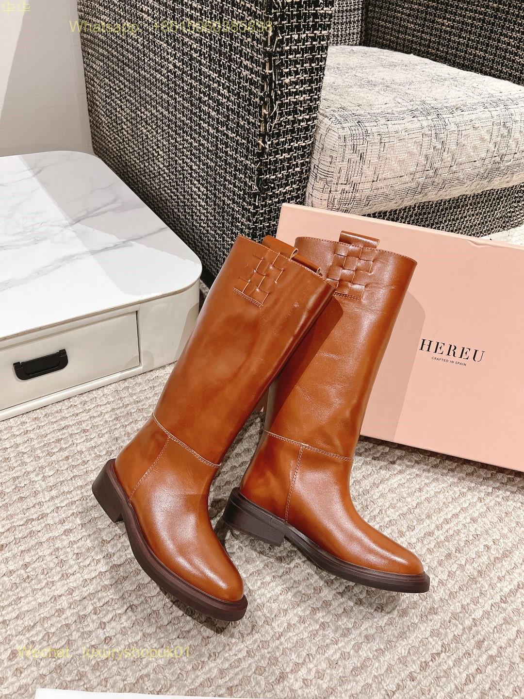 Hereu Anella Interwoven-Detailed Slip-On Waxed Leather Tall Boots Women Shoes