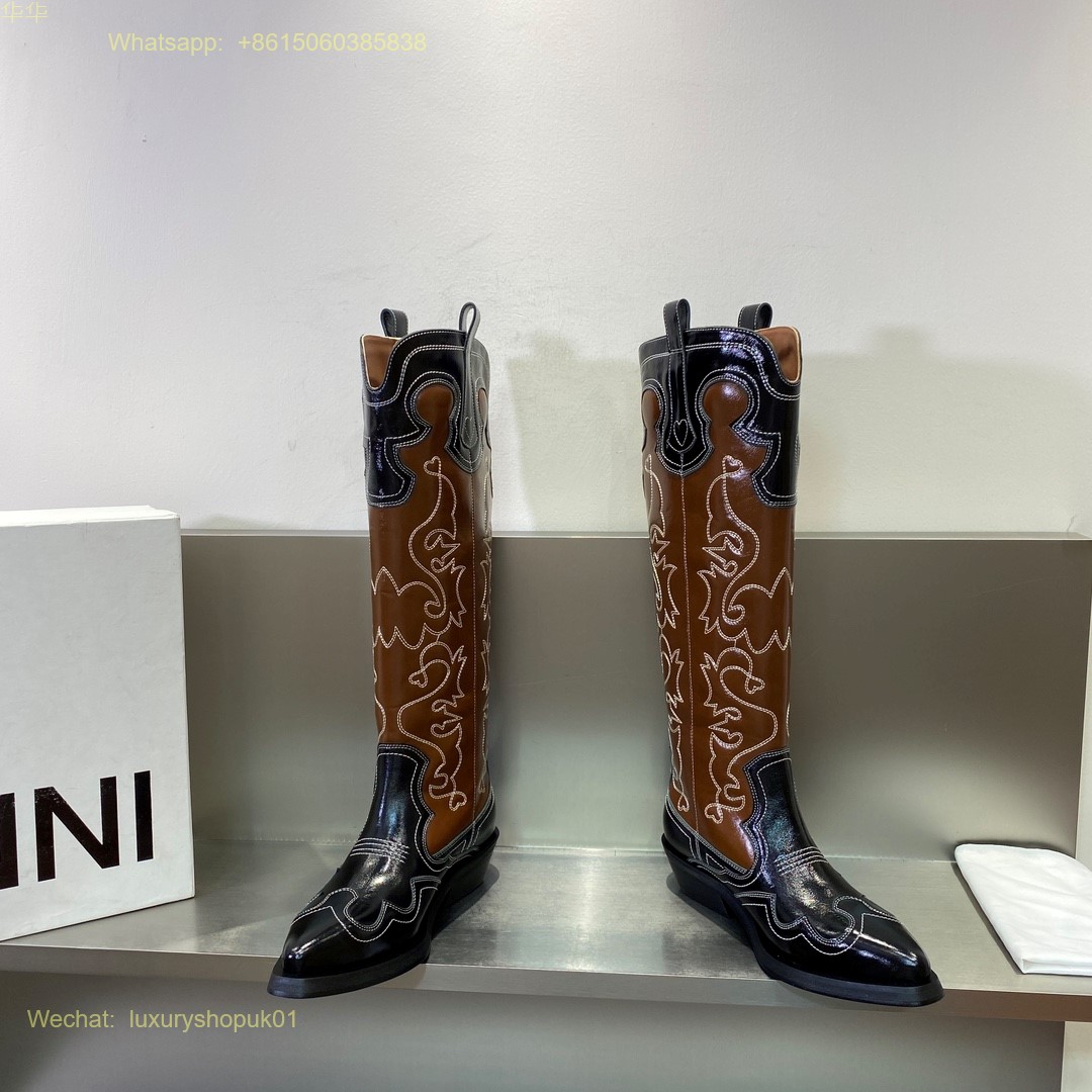 GANNI Leather cowboy boots pointed toe Women Shoes