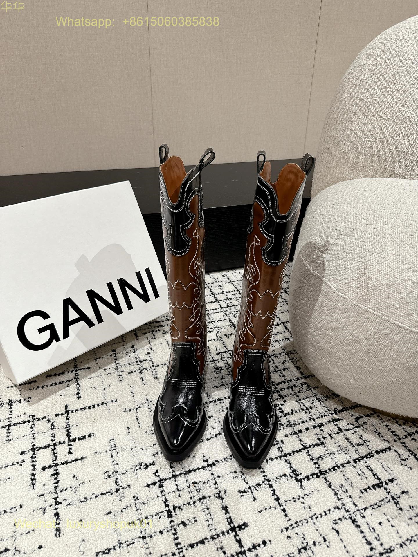 GANNI Leather cowboy boots pointed toe Women Shoes