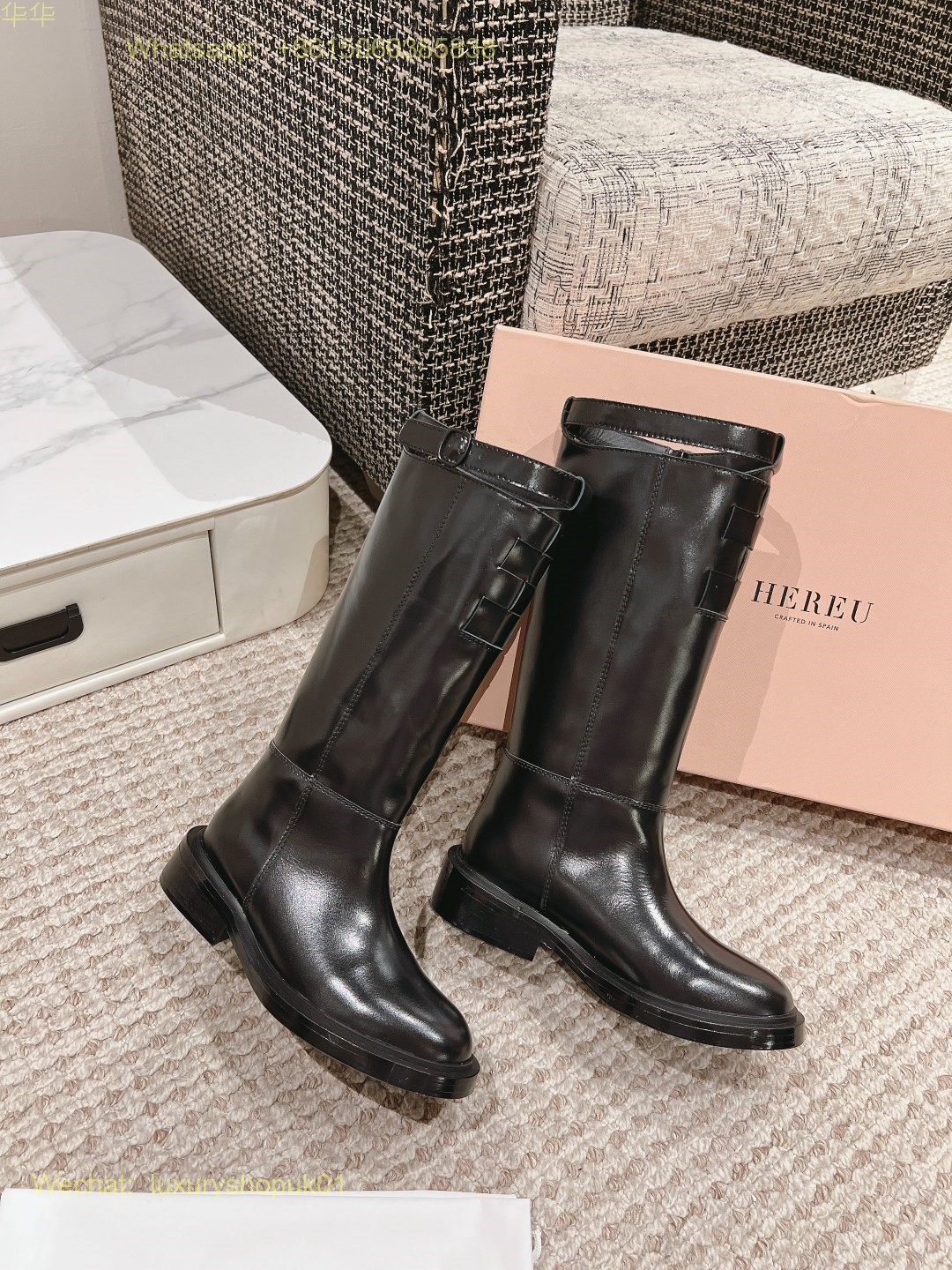 Hereu Anella Interwoven-Detailed Slip-On Waxed Leather Tall Boots Women Shoes