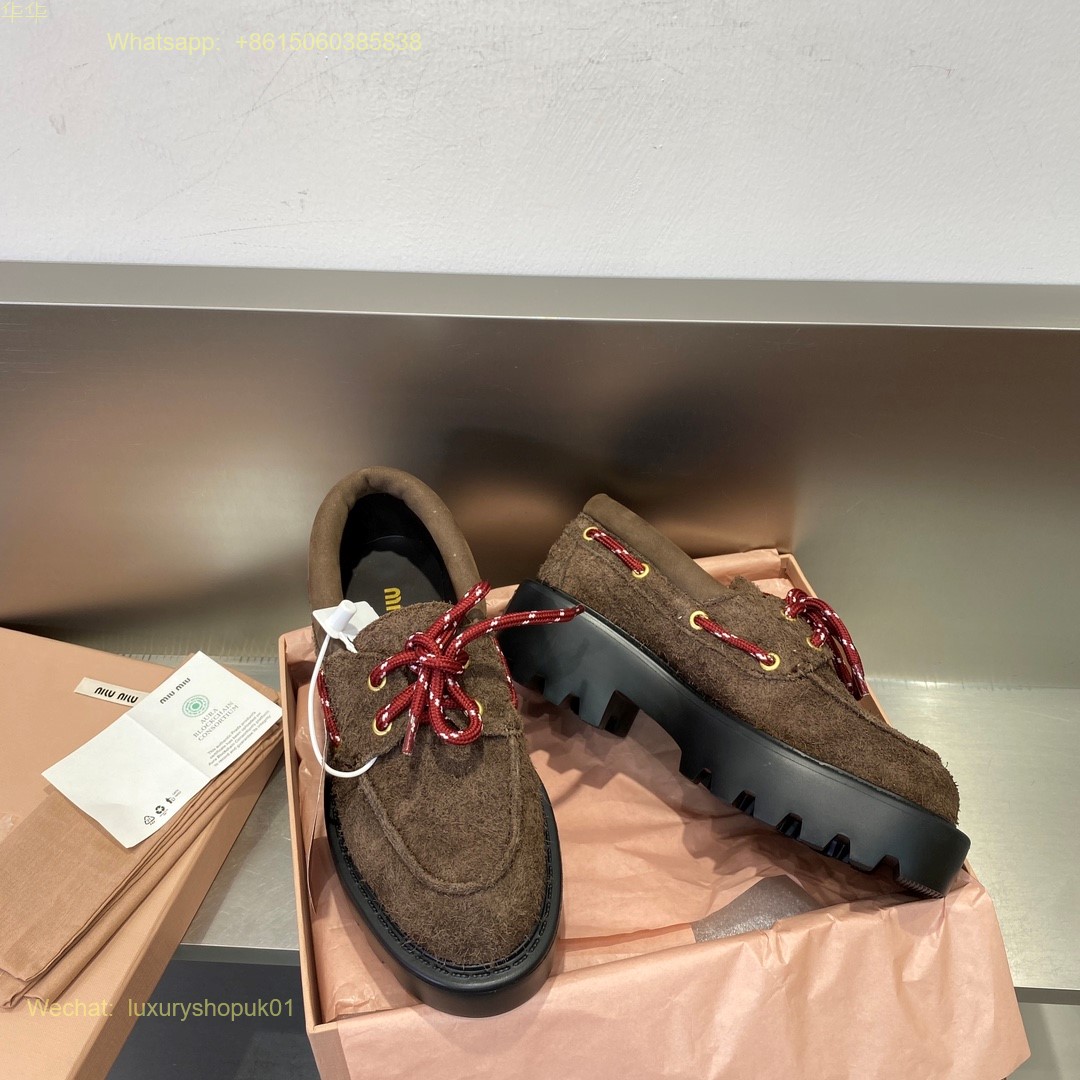 Miu Miu Lace-Up Suede Platform Loafers Brown Women Shoes