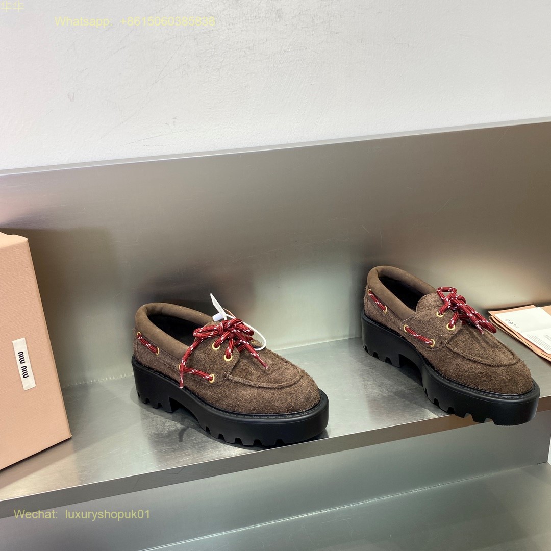 Miu Miu Lace-Up Suede Platform Loafers Brown Women Shoes