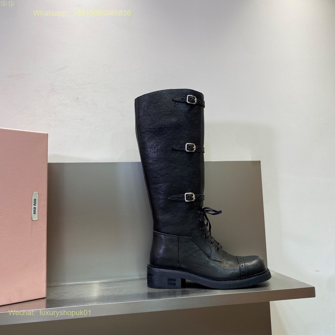 Miu Miu Lace-Up Knee high Boots leather laced Women Shoes