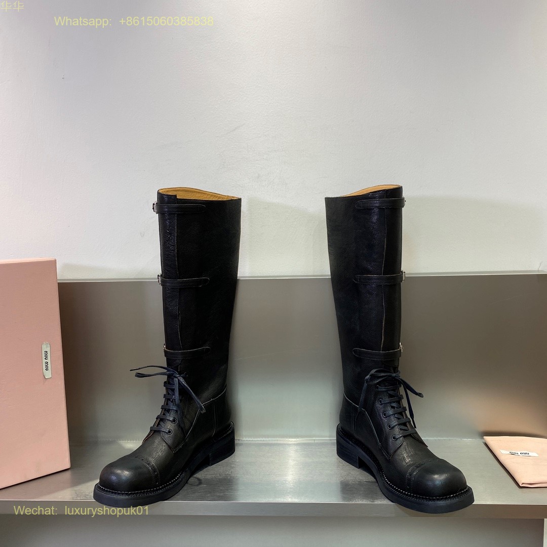 Miu Miu Lace-Up Knee high Boots leather laced Women Shoes