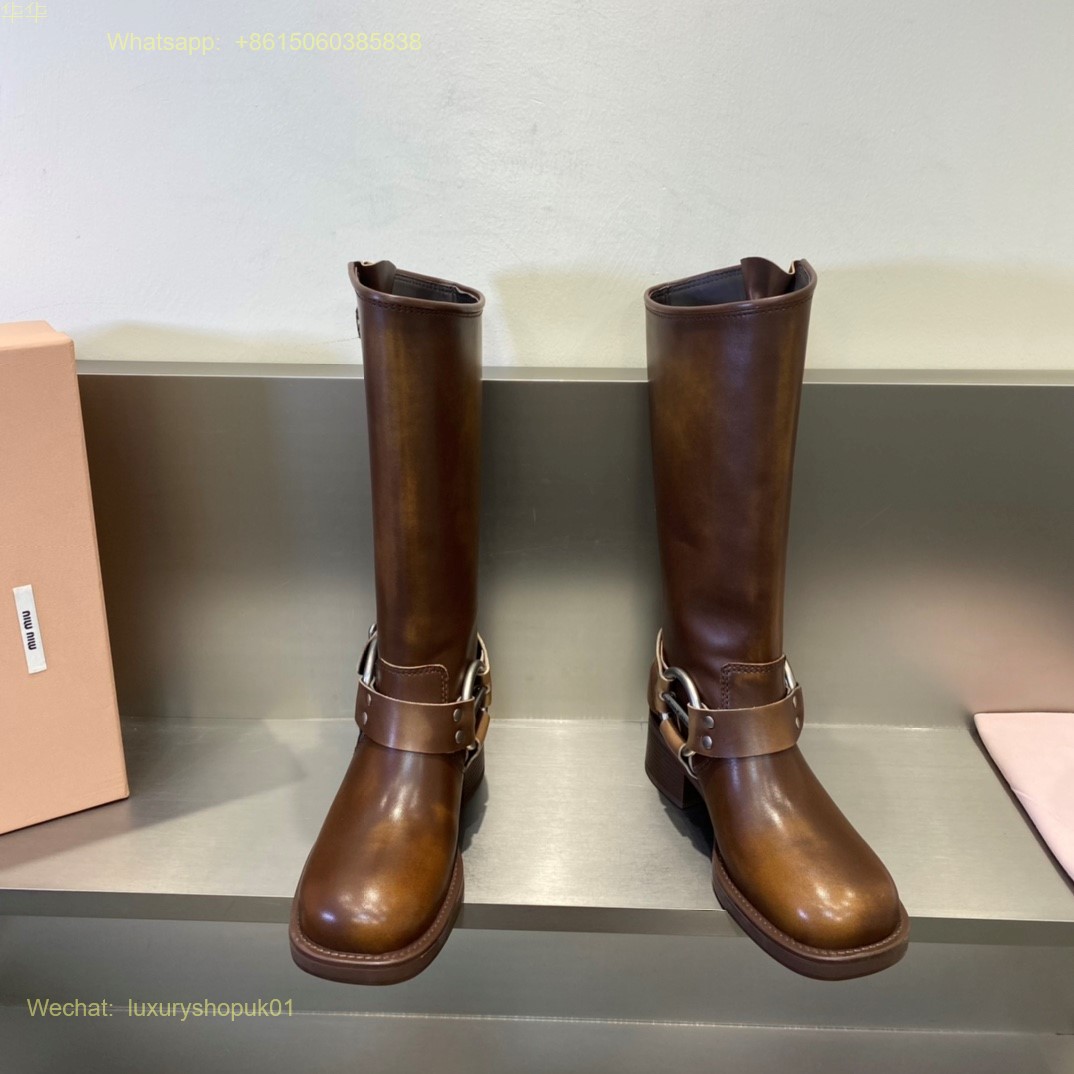 Miu Miu vintage look Buckled Knee-High Leather Boots Women Shoes