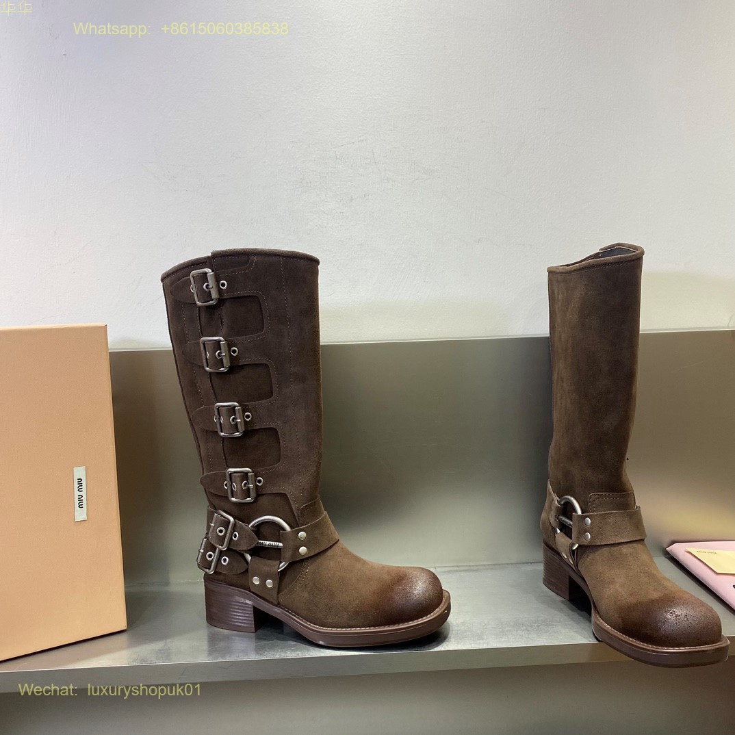 Miu Miu suede Buckled Knee-High Leather Boots Women Shoes