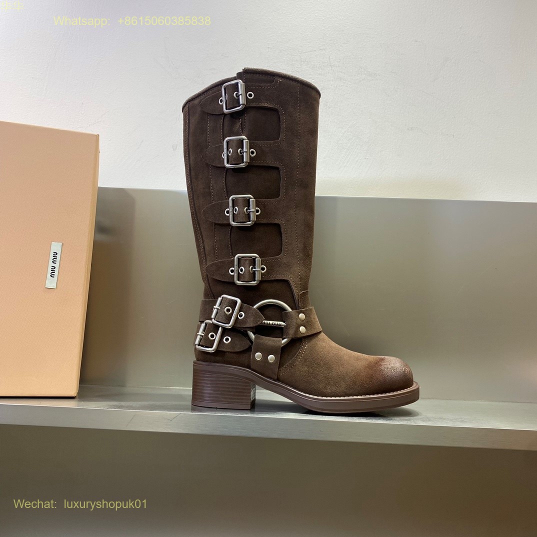 Miu Miu suede Buckled Knee-High Leather Boots Women Shoes