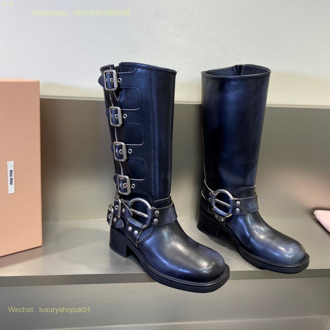 Miu Miu Buckled Knee-High Leather Boots Women Shoes
