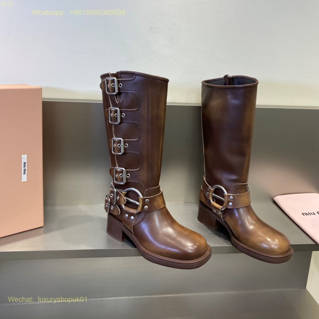Miu Miu Buckled Knee-High Leather Boots Women Shoes