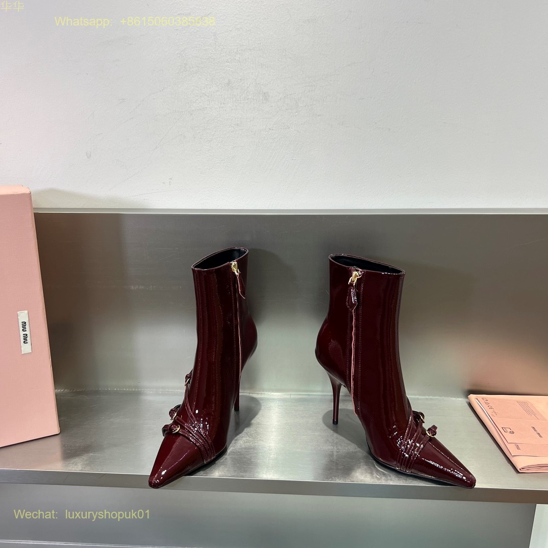 Miu Miu Buckle Strap Point-Toe naplak booties Ankle Boot Women Shoes