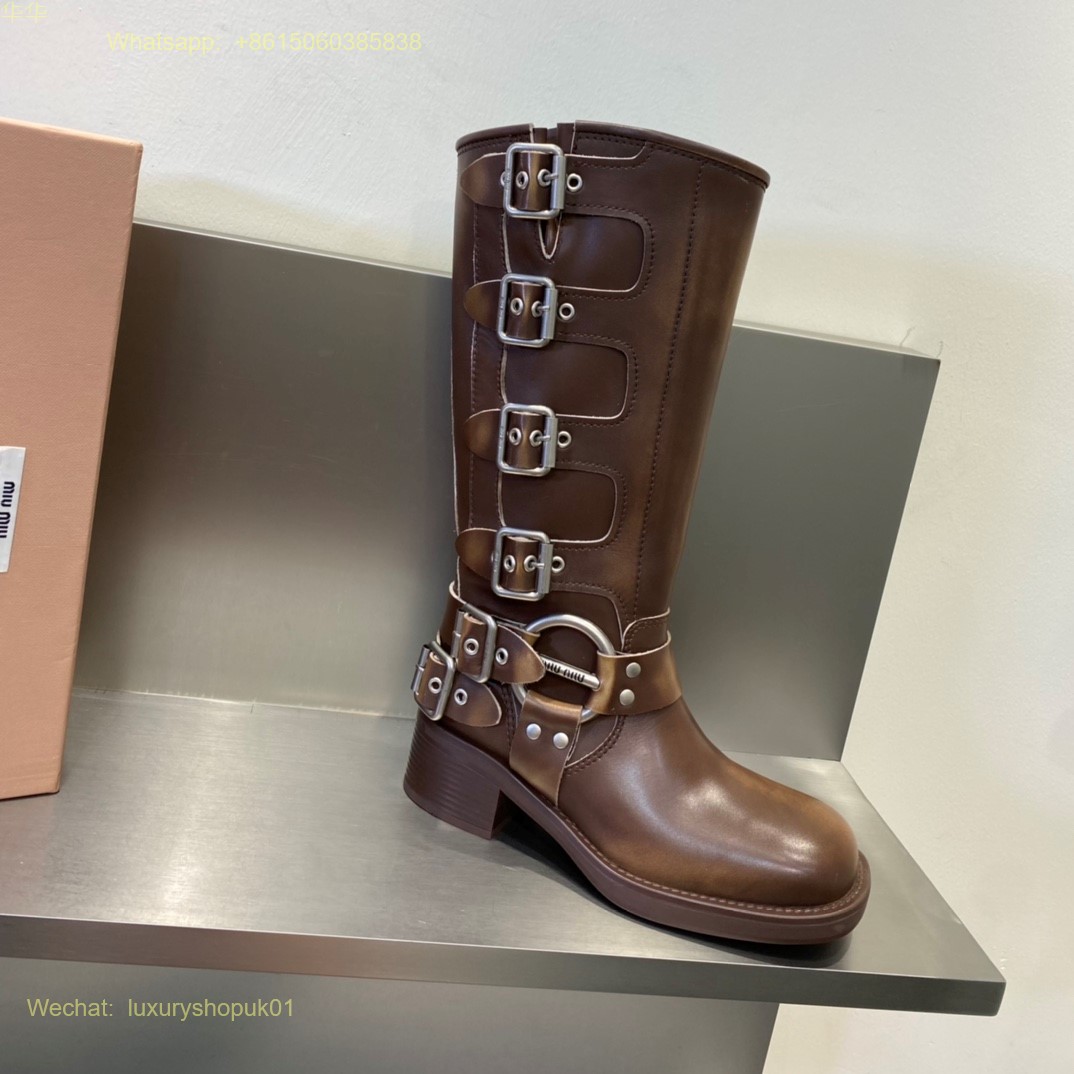 Miu Miu Buckled Knee-High Leather Boots Women Shoes