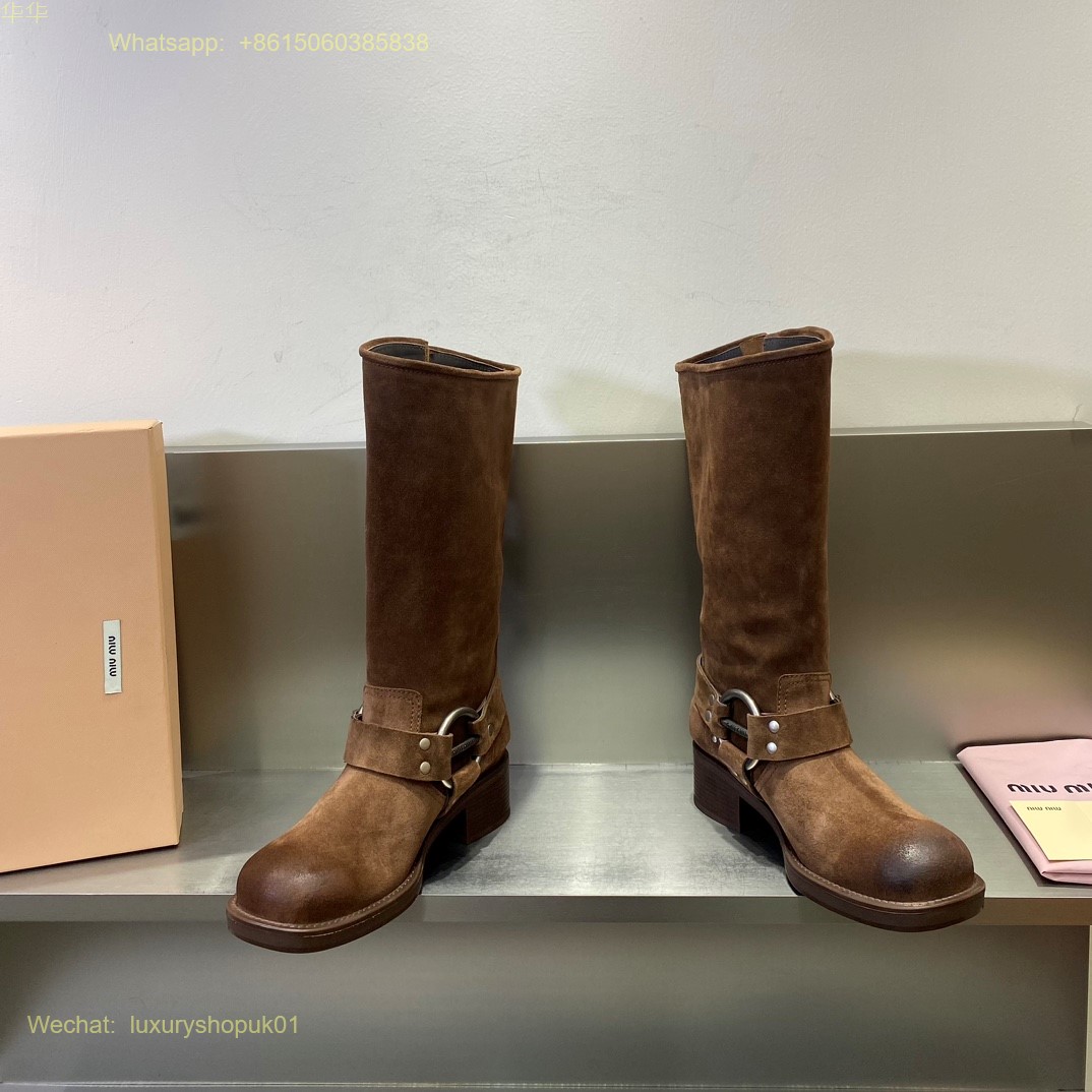 Miu Miu suede Buckled Knee-High Leather Boots Women Shoes