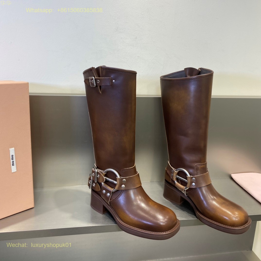 Miu Miu vintage look Buckled Knee-High Leather Boots Women Shoes