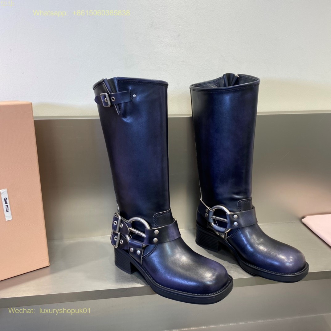 Miu Miu vintage look Buckled Knee-High Leather Boots Women Shoes