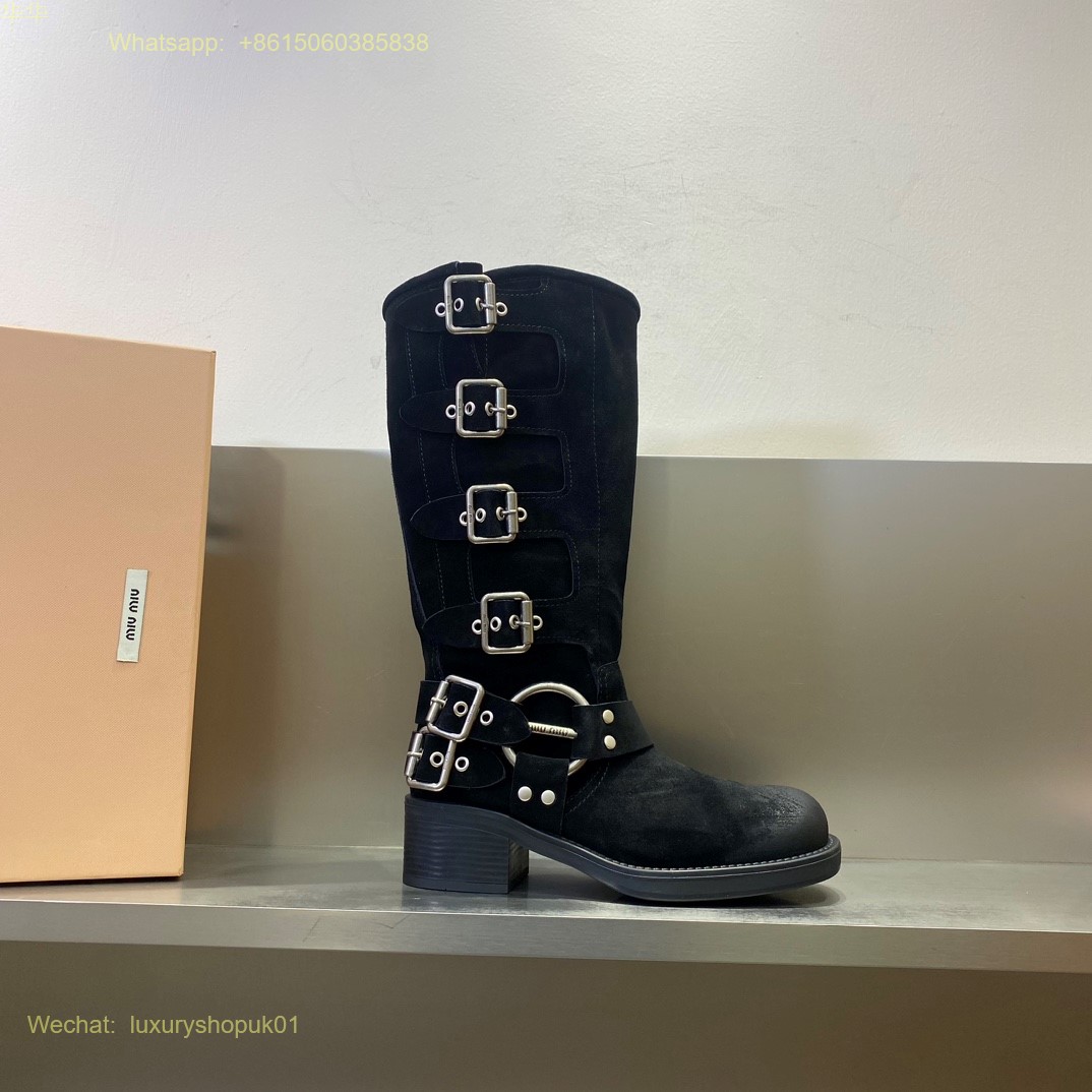 Miu Miu suede Buckled Knee-High Leather Boots Women Shoes