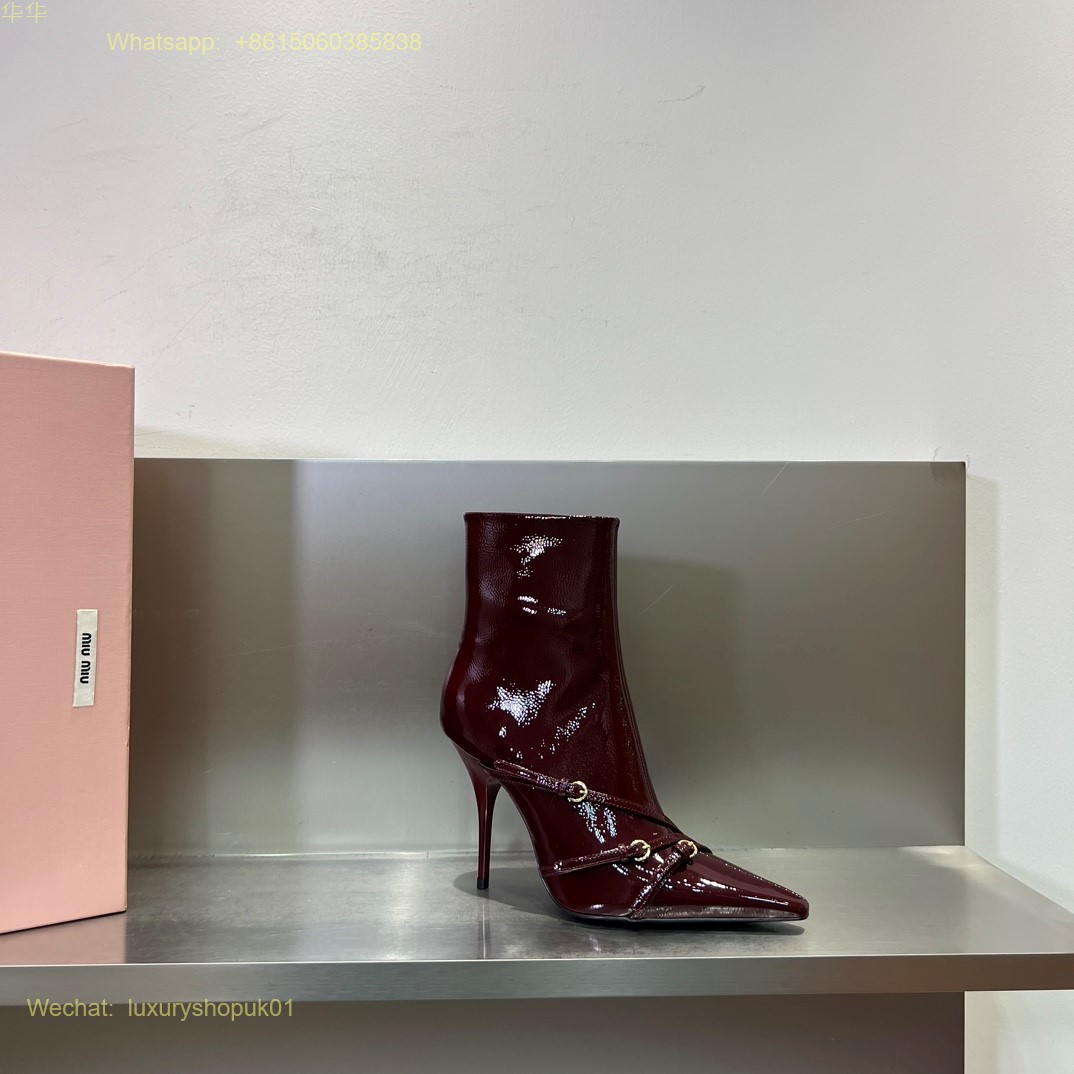 Miu Miu Buckle Strap Point-Toe naplak booties Ankle Boot Women Shoes