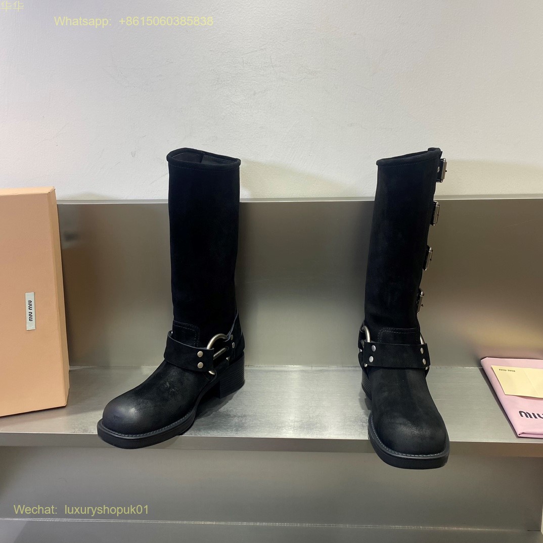 Miu Miu suede Buckled Knee-High Leather Boots Women Shoes