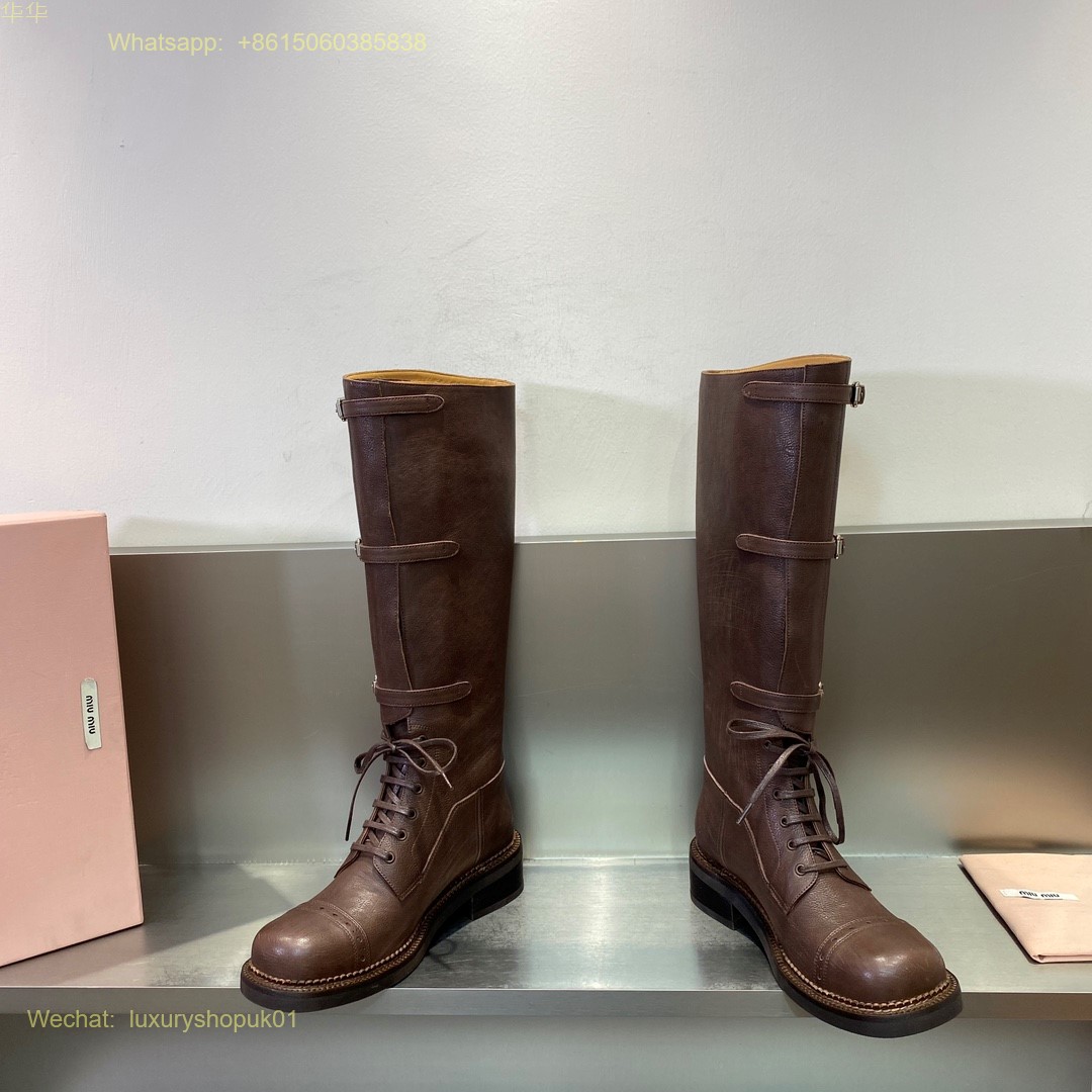 Miu Miu Lace-Up Knee high Boots leather laced Women Shoes