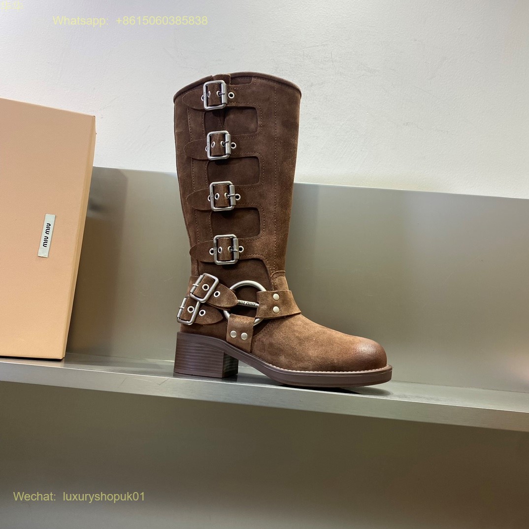 Miu Miu suede Buckled Knee-High Leather Boots Women Shoes