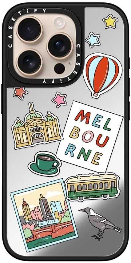 CASETiFY Mirror Case for iPhone 16 [Reflective / 4.9ft Drop Protection/Compatible with Magsafe] - Melbourne Stickers - Silver On Black