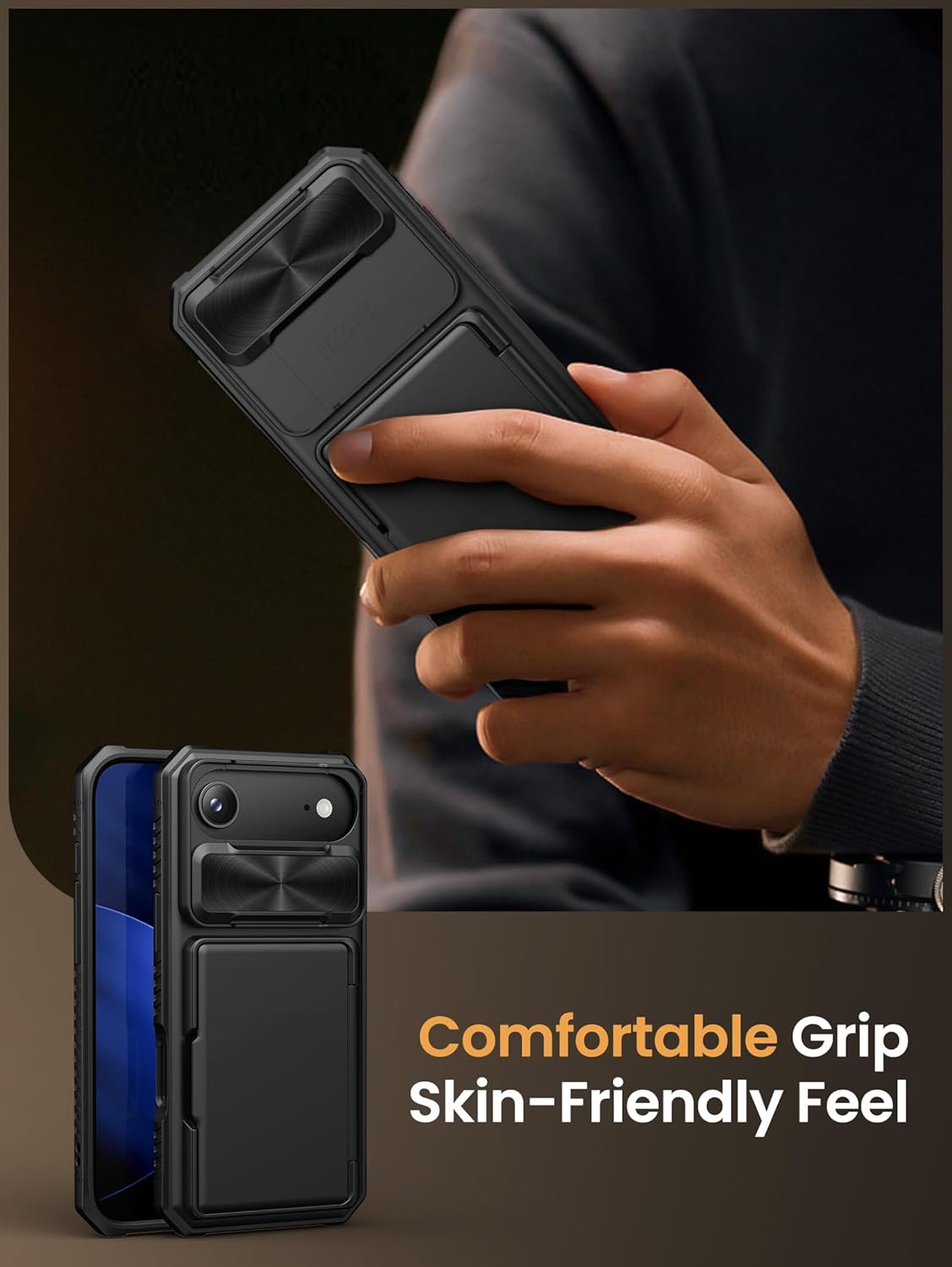 Vihibii for iPhone 17 Pro Case Wallet with Card Holder (4 Cards) [RFID Blocking] & Slide Camera Cover, Military Grade Drop Protection, Rugged Hard Back & Silicone Edge Phone Case 6.3 5G 2025, Black