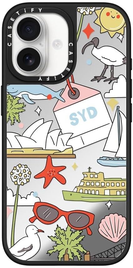 CASETiFY Mirror Case for iPhone 16 [Reflective / 4.9ft Drop Protection/Compatible with Magsafe] - Melbourne Stickers - Silver On Black